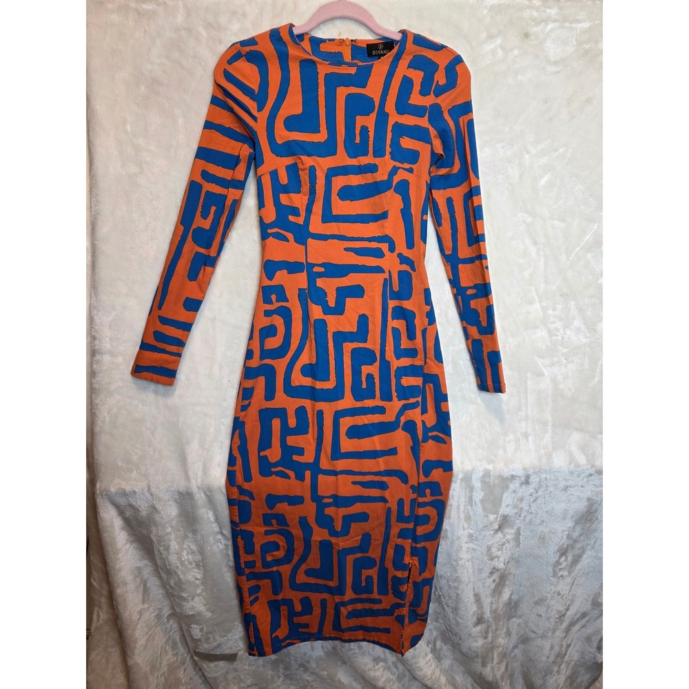 D'Iyanu Chidima African‎ Orange Blue Abstract Long Sleeve Midi Sheath Dress XS